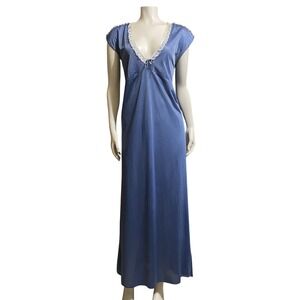 Melissa Vintage Blue Nylon Nightgown Lace Trim Empire Waist Cap Sleeve Medium